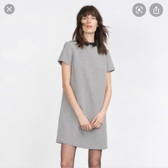 Zara Houndstooth Shift Dress, Faux Leather Collar - Picture 2 of 4